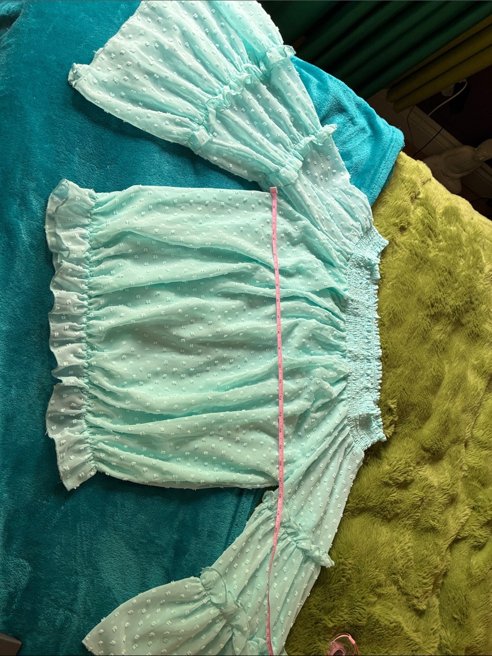 Off-Shoulder Mint Swiss Dot Blouse